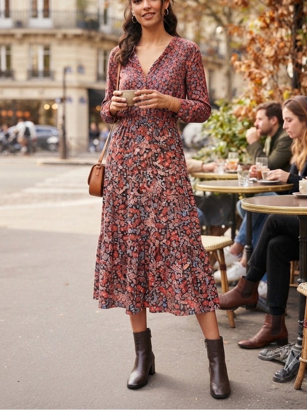 Lascana Floral Tiered Maxi Dress Long Sleeve V-Neck Boho Burgundy Black❤️